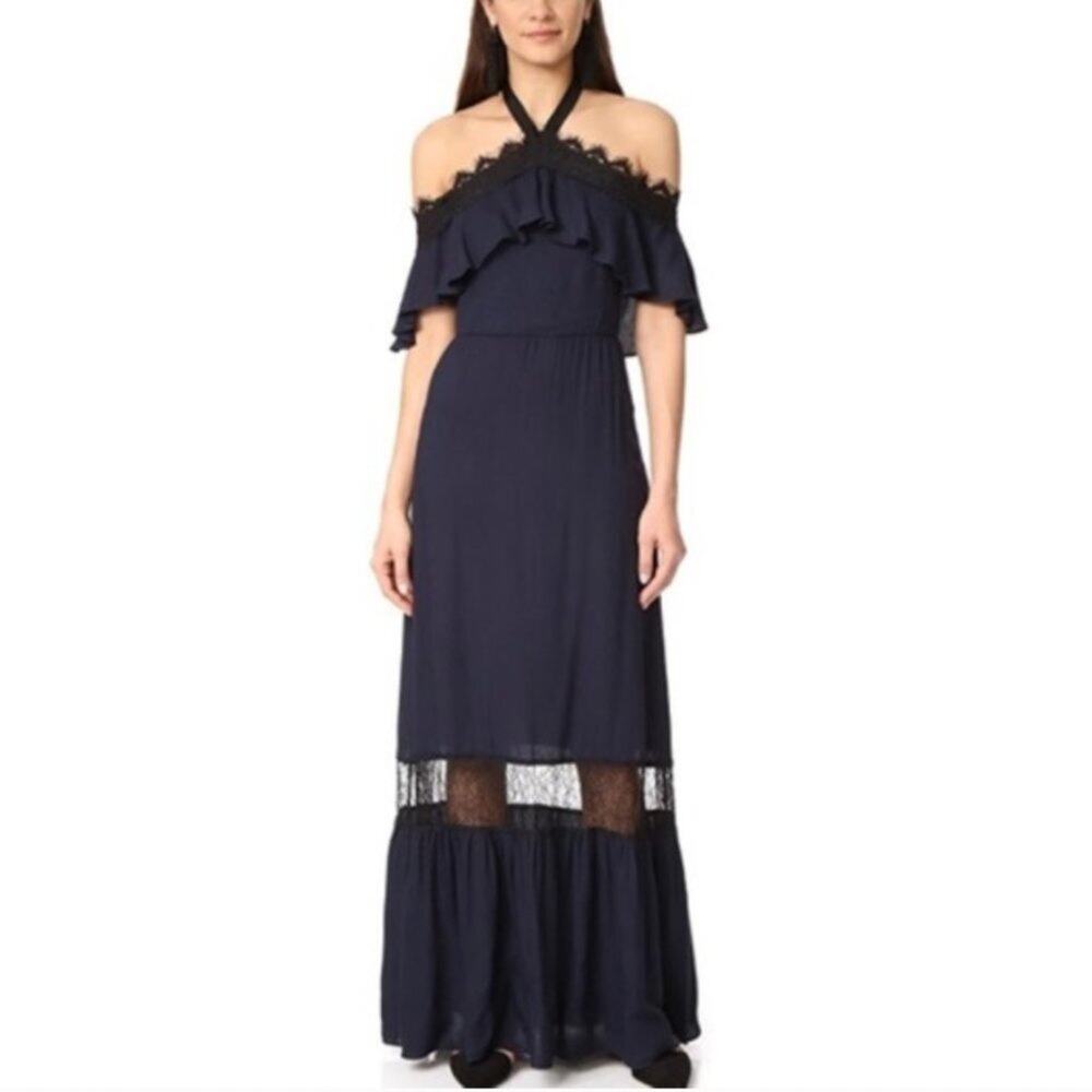 Alice + Olivia Mitsy Navy Blue Off-the-Shoulder Maxi Dress